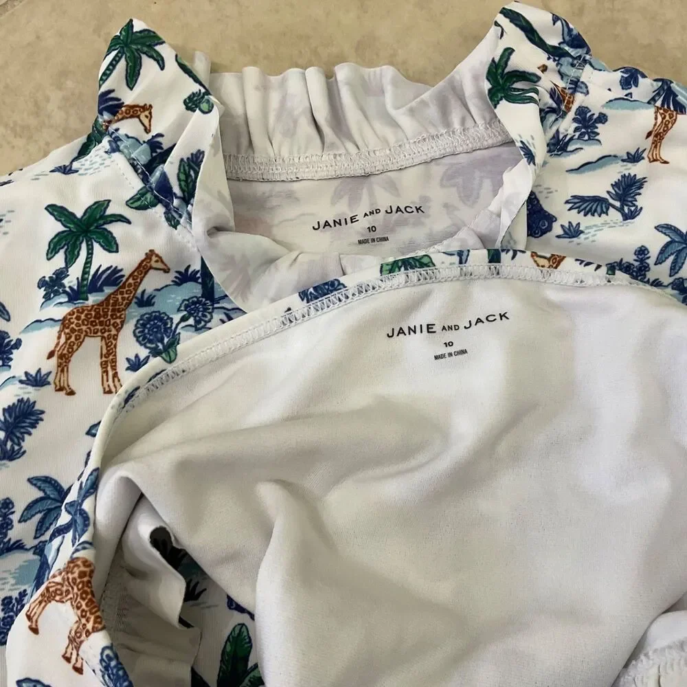 Janie and Jack Safari Toile Ruffle Rash Guard Swim Set girls size 10 swim ,surf,